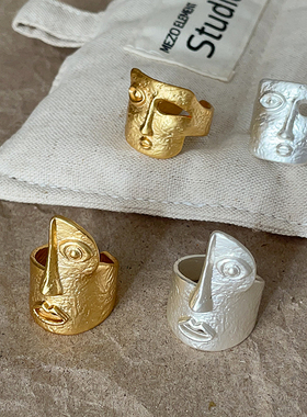 潮酷人脸面具锤纹褶皱肌理感戒指女小众设计感个性时尚指环戒子