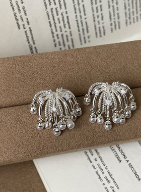 绽放的烟花珍珠锆石流苏耳钉女独特个性精致时尚潮流通勤百搭耳环