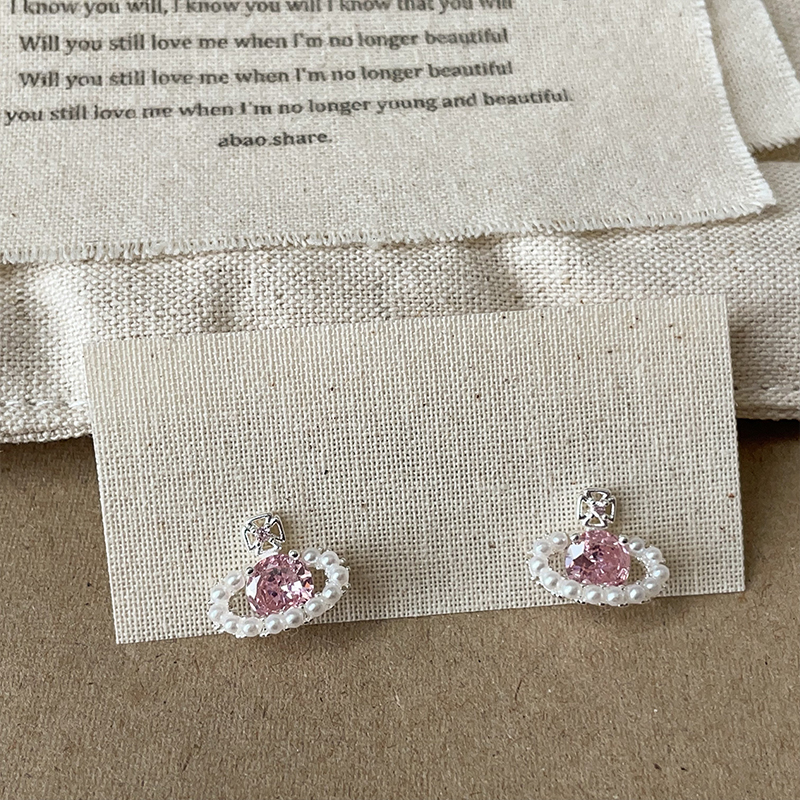 粉色水晶珍珠土星耳钉女小众独特精致时尚潮流通勤百搭耳环耳饰