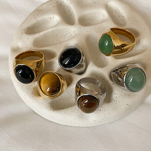 气质百搭指环戒子 复古天然石不掉色钛钢戒指女小众设计感监狱时尚