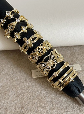 轻奢高级感锆石花朵蝴蝶结金色戒指女小众复古轻奢时尚指环戒子
