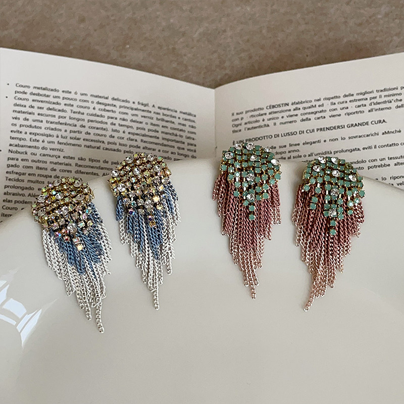 轻奢重工撞色碎钻流苏耳钉女小众设计感个性独特精致时尚耳环耳饰