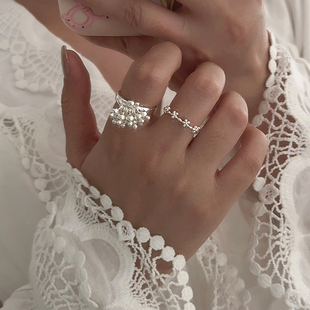 韩国小众设计感金属质感银色串珠戒指女ins复古气质优雅百搭戒指