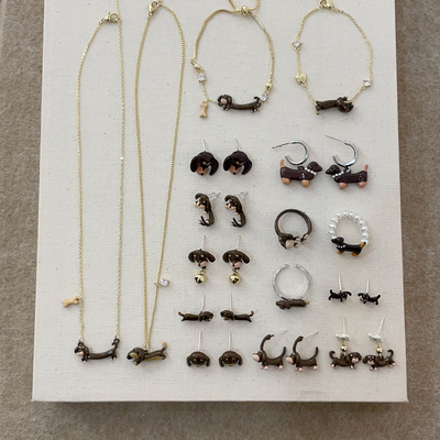 卡通腊肠狗项链耳钉戒指合集女萌趣可爱精致时尚百搭颈链毛衣链