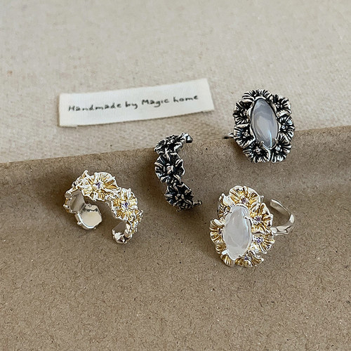 中古风重工金属花朵开口戒指女小众个性气质时尚通勤百搭指环戒子