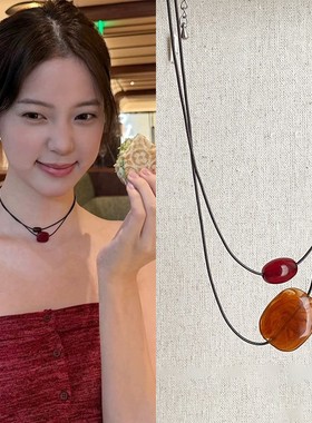 欧阳娜娜同款树脂红玛瑙黑绳项链女极简风时尚气质潮流颈链锁骨链