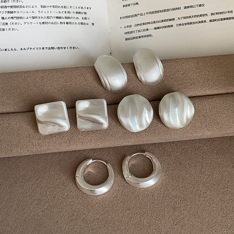 冷淡风几何磨砂拉丝圆形方形银色耳钉女个性时尚潮流百搭耳环耳饰
