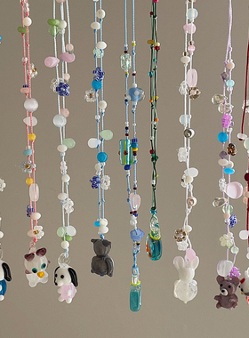 彩色多巴胺编织绳琉璃动物吊坠长款项链女萌趣可爱百搭挂脖配饰
