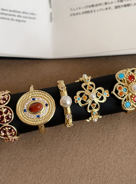 宫廷风彩钻珍珠滴油戒指女重工轻奢复古气质独特时尚潮流指环戒子