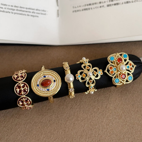 宫廷风彩钻珍珠滴油戒指女重工轻奢复古气质独特时尚潮流指环戒子