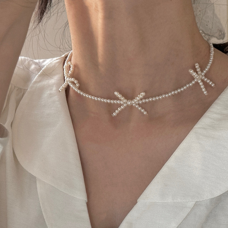 甜美可爱少女感蝴蝶结珍珠项链女精致优雅个性时尚百搭颈链锁骨链