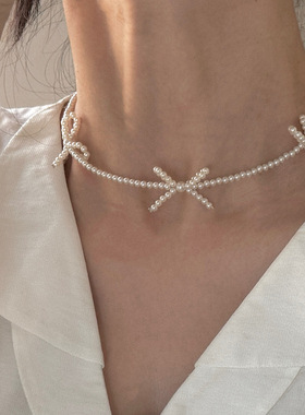 甜美可爱少女感蝴蝶结珍珠项链女精致优雅个性时尚百搭颈链锁骨链