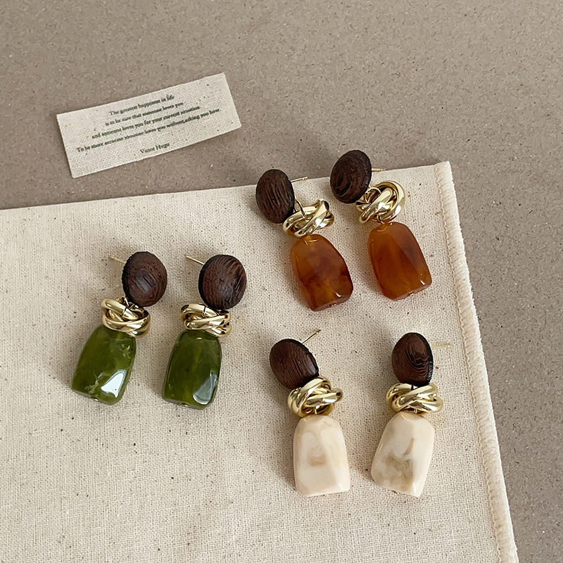 几何彩色树脂拼接圆木耳钉女设计感复古轻奢时尚潮流气质耳环耳饰