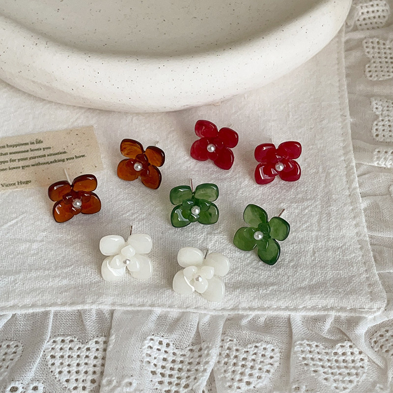 彩色透亮树脂花朵耳钉女简约高级感甜美精致时尚潮流通勤耳环耳饰