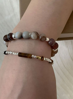 法式复古天然石碎银子金属手链