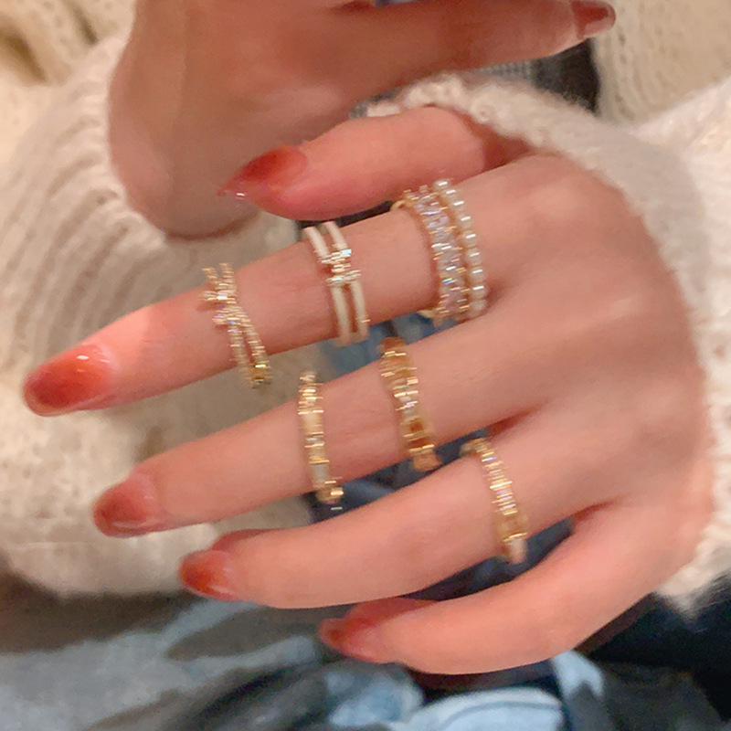 轻奢双排珍珠锆石开口戒指合集女小众独特时尚气质百搭戒指指环