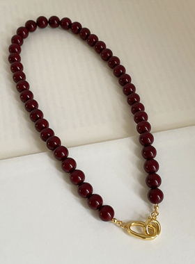 安可拉红色串珠项链女秋季新款轻奢复古小众独特百搭颈链锁骨链