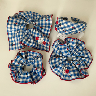 韩系清新蓝白格子樱桃方巾发圈发箍女简约气质大肠圈头箍头绳发饰