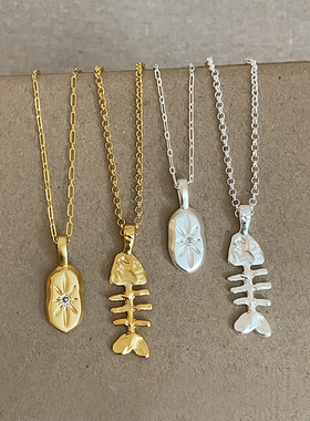 欧美潮流椭圆星芒鱼骨金属吊坠项链女小众个性轻奢时尚颈链锁骨链