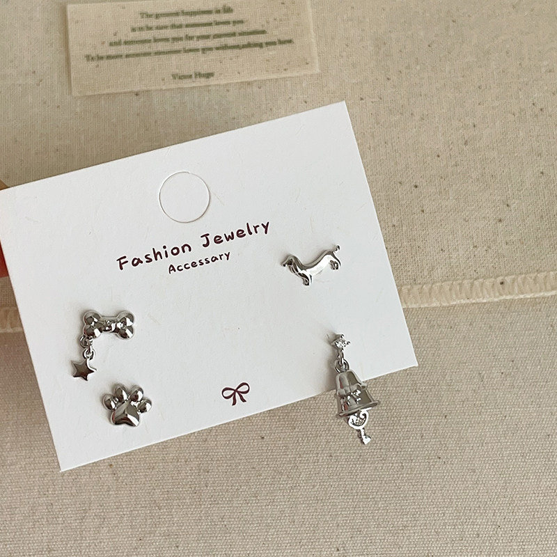 萌趣ins腊肠狗骨头铃铛耳钉套装女简约潮流可爱精致时尚耳环耳饰