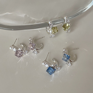 简约彩色方糖水晶珍珠耳钉女个性 耳环耳饰 小众独特精致显白时尚