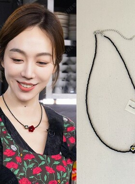 中餐厅姜研同款丝绒花朵串珠项链女小众温柔时尚百搭颈链毛衣链