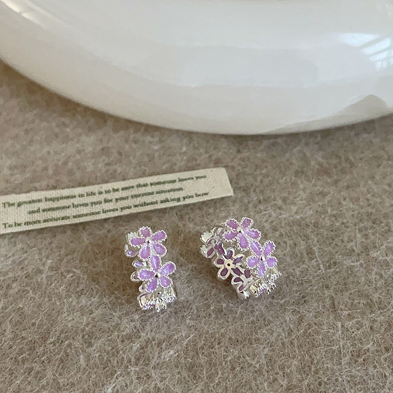 小巧精致紫色滴油花朵金属耳扣女少女感甜美时尚潮流百搭耳环耳饰