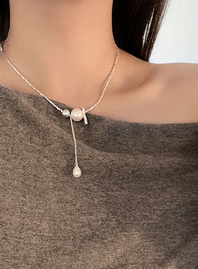 法式碎银棉花珍珠流苏项链女复古优雅时尚个性精致百搭颈链锁骨链