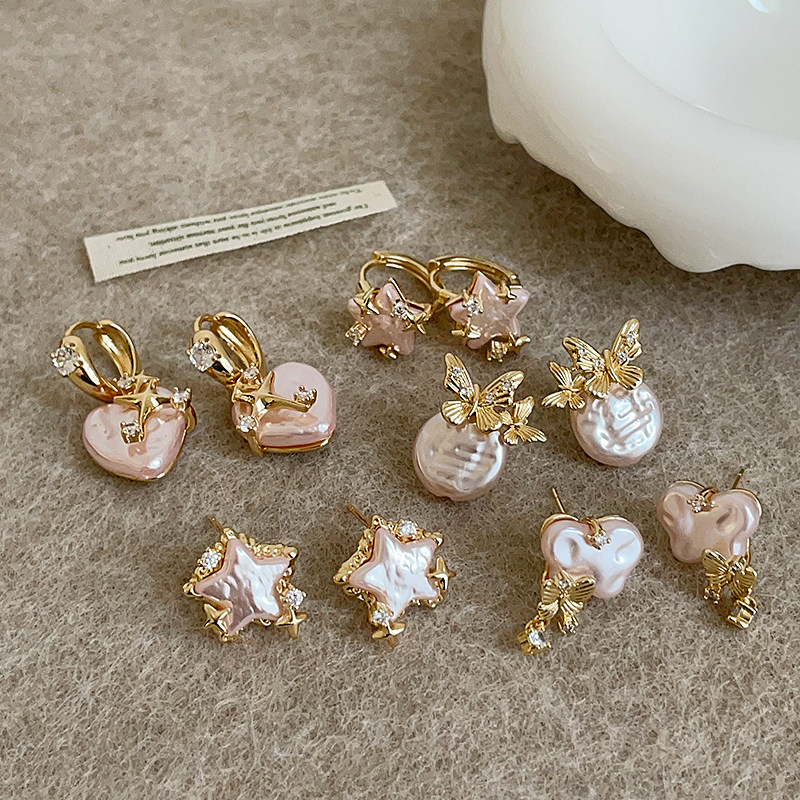 甜美可爱粉色爱心星星珍珠蝴蝶结耳钉女设计感时尚潮流耳环耳饰