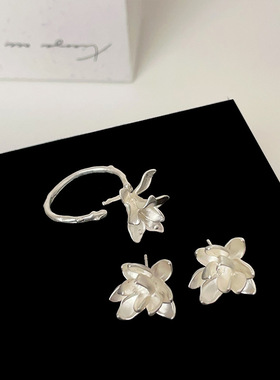 小众设计感哑光金属鸢尾花耳钉女小众复古气质百搭耳环耳饰戒指