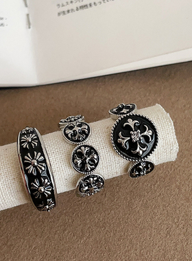 暗黑甜酷克罗鸢尾花滴油戒指女个性独特时尚潮流气质百搭指环戒子