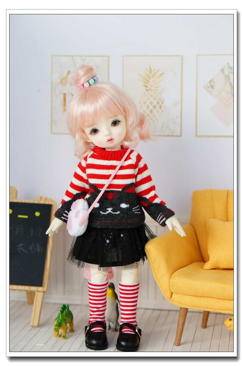 新品特价红色条纹猫咪毛衣+黑色纱裙套装BJD1/6分MYOU球体A119