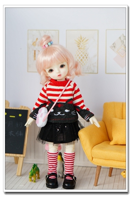 新品特价红色条纹猫咪毛衣+黑色纱裙套装BJD1/6分MYOU球体A119