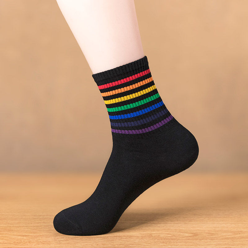 阪织屋官方旗舰店100%棉女生七彩条纹棉袜秋冬保暖女袜女装全棉袜