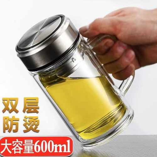 1000ml超大容量带把手玻璃杯双层隔热耐高温防爆泡茶杯办公室水杯
