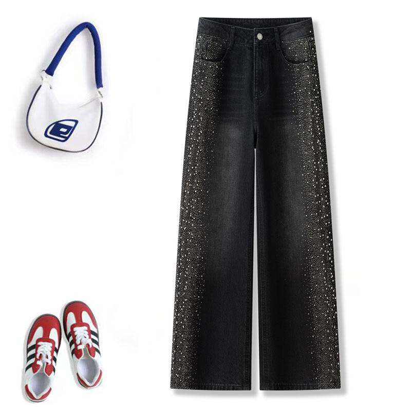 专柜品牌烫钻洋气黑色牛仔裤女2026春季新款百搭显瘦直筒洋气遮肉