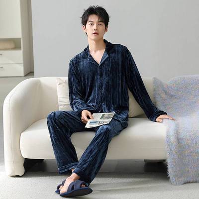 专柜品牌男士春秋款金丝绒睡衣男套装新款冬季男款宝蓝高级感薄绒