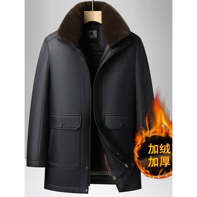 专柜品牌男士加绒加厚毛领皮衣2025冬季新款男装中老年商务休闲爸