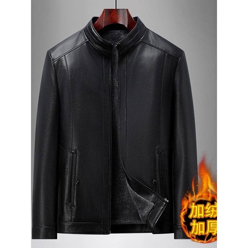 专柜品牌男士加绒加厚立领皮衣2025秋冬新款男装中老年商务休闲爸