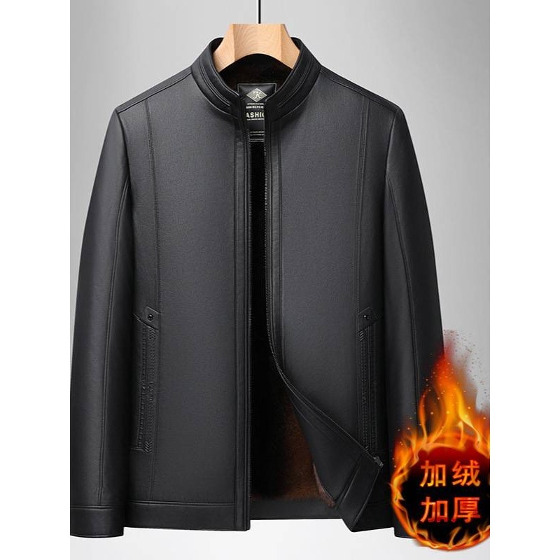 专柜品牌男士加绒加厚立领皮衣2025秋冬新款男装中老年商务休闲保