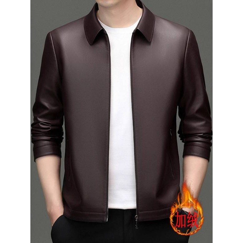专柜品牌男士加绒加厚翻领皮衣2025年秋季新款男装中年商务休闲保