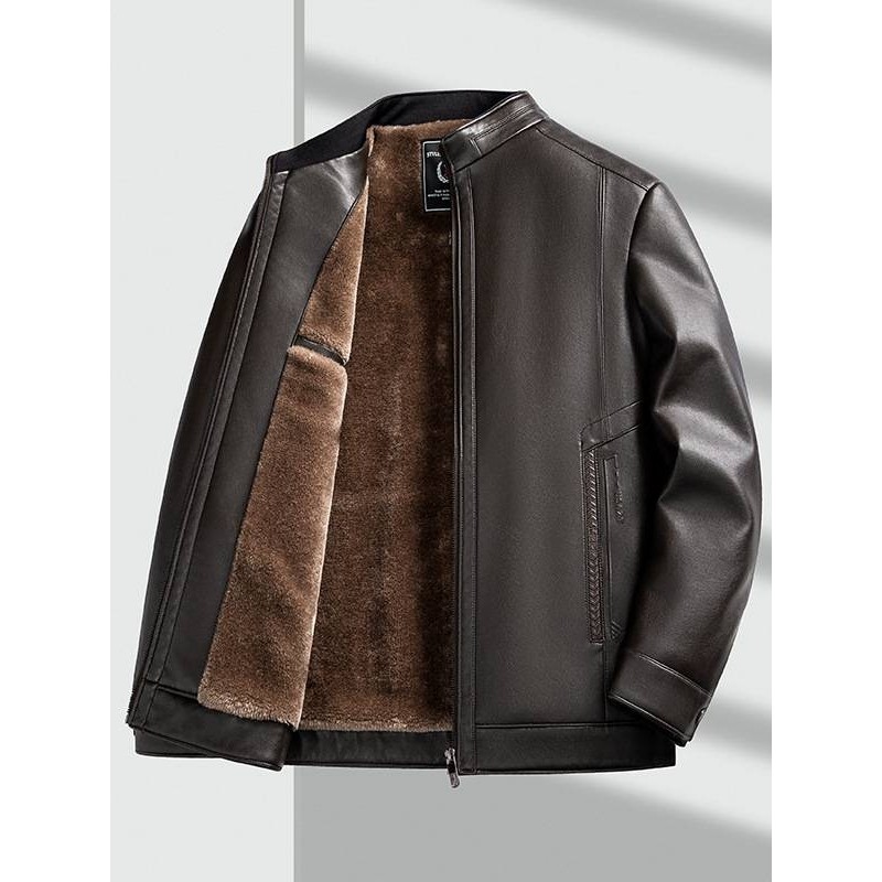 专柜品牌男士加绒加厚立领皮衣2025秋冬新款男装中老年商务休闲爸