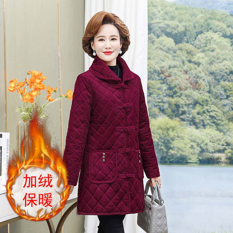 专柜品牌中老年妈妈冬装棉衣灯芯绒家居棉服外套50岁60女士中长款