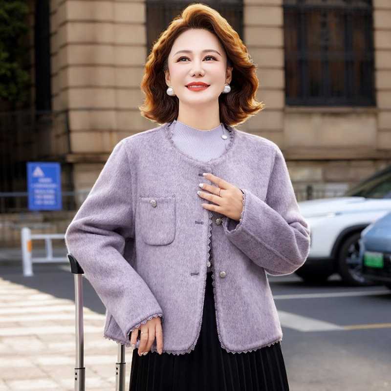 品牌官方小香风妈妈秋装短款双面羊毛呢外套女新款中老年秋款时尚