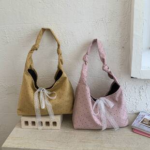 专柜品牌韩国ins小众波点帆布包包女2026新款大容量褶皱单肩包通