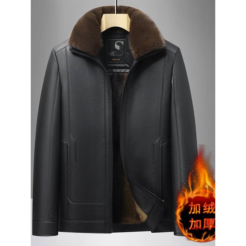 专柜品牌男士加绒加厚翻领皮衣2025年秋冬新款男装中年商务休闲爸