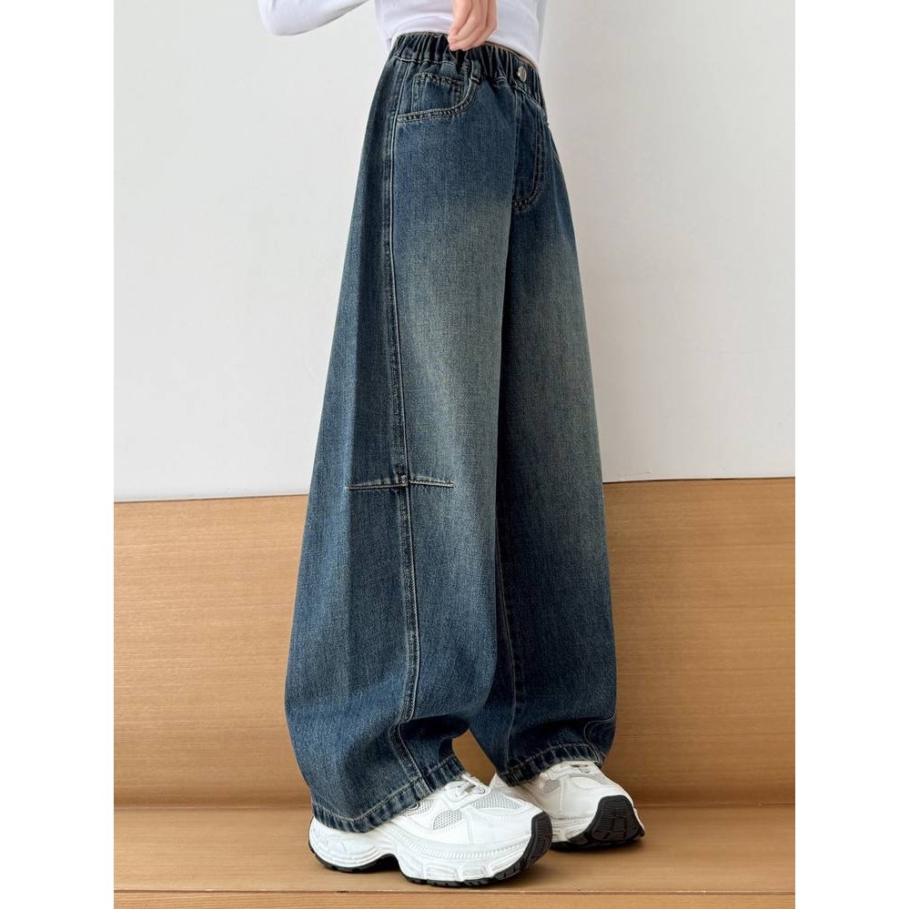 专柜品牌女童牛仔阔腿裤秋冬装洋气加绒加厚儿童中大童保暖弯刀裤