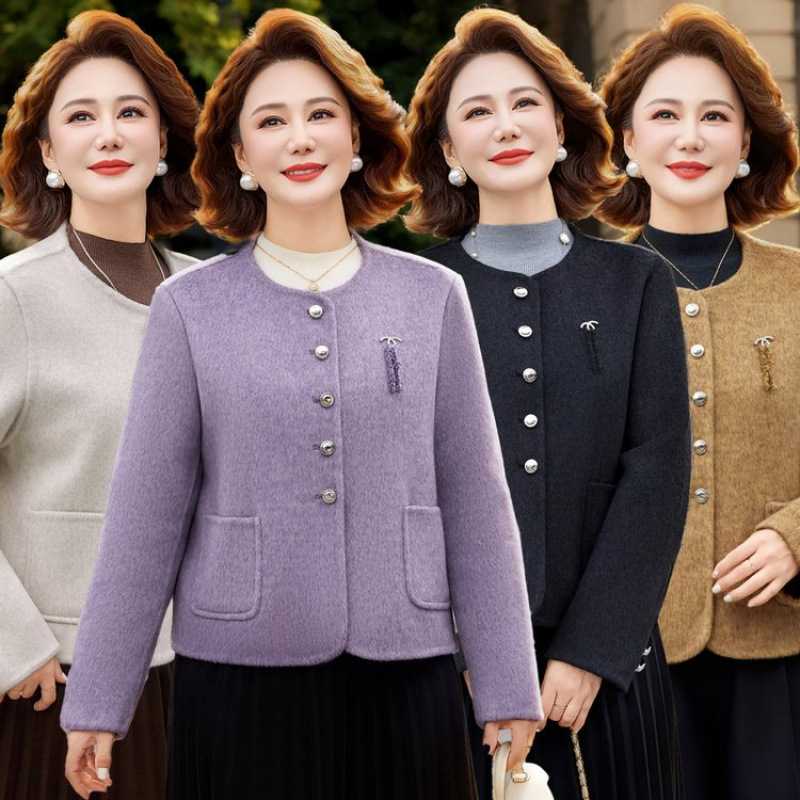 品牌官方妈妈装秋冬小香风毛呢外套小个子中年女洋气减龄短款双面