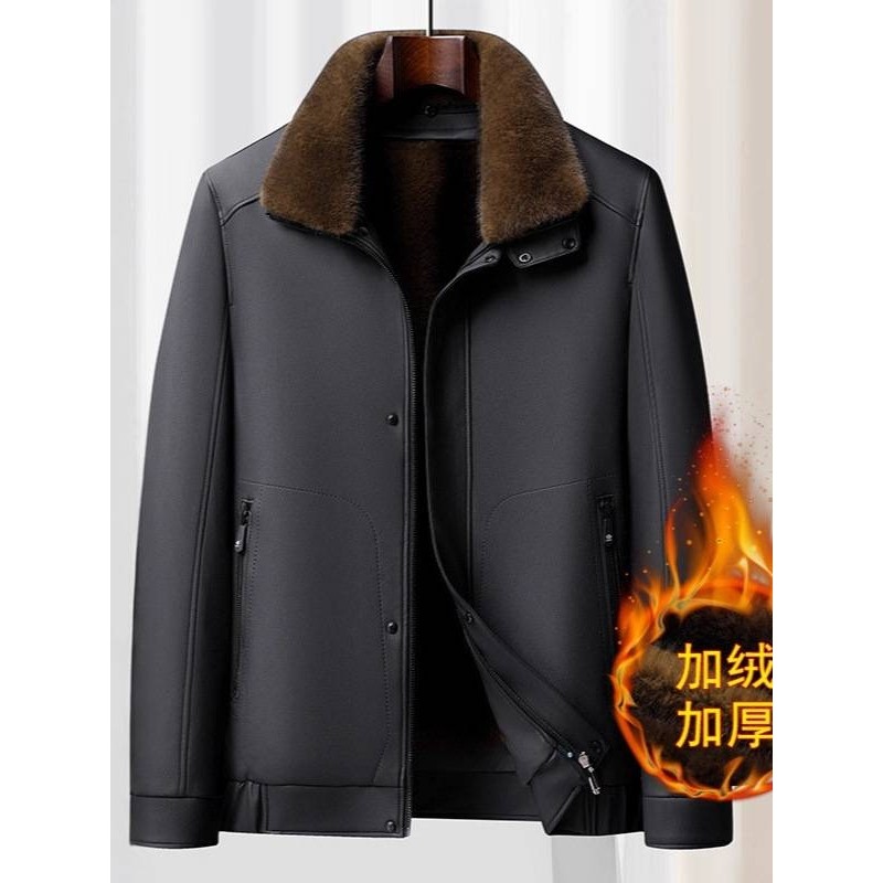 专柜品牌男士加绒加厚毛领皮衣2025秋冬新款男装中老年商务休闲爸