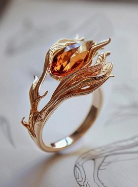 火焰凤凰之环芬达石色橙锆石戒指女小众设计古法花丝碧玺彩宝